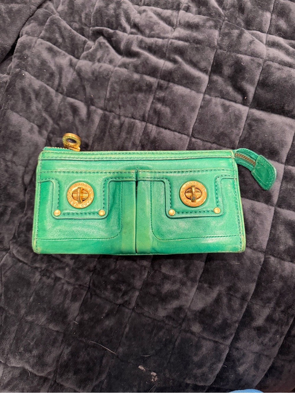 Marc Jacobs Green Leather Zip Wallet with Gold Turn-Lock Accents